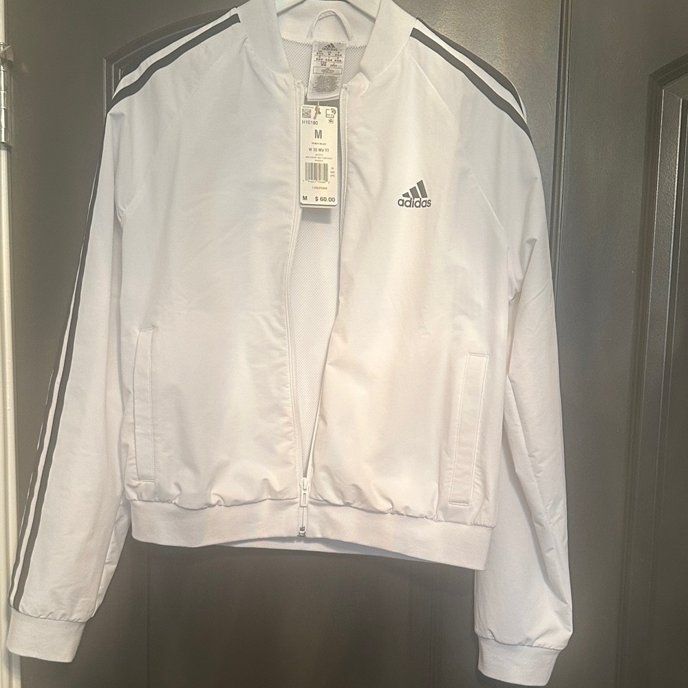 Adidas Women's White Bomber Jacket with Black Stripes